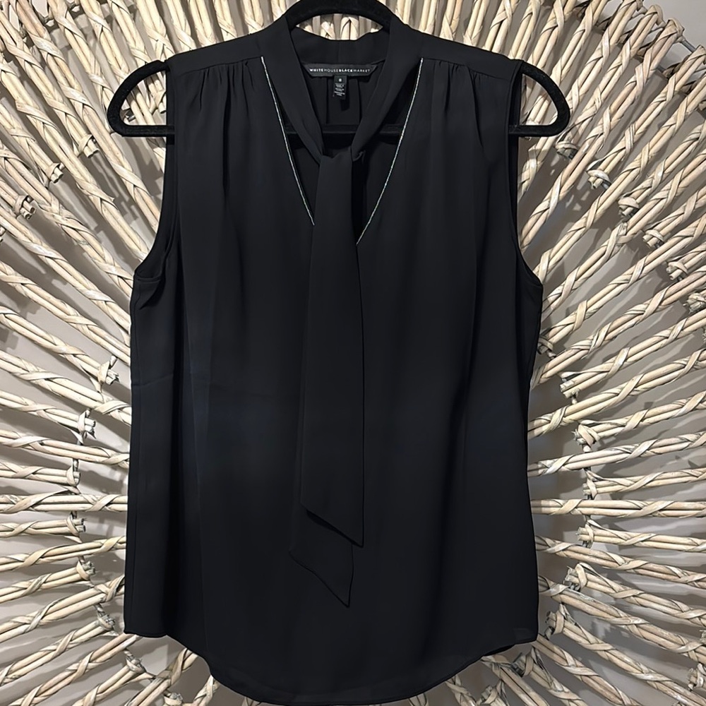 White House Black Market Black V-Neck Sleeveless Blouse with Tie Front